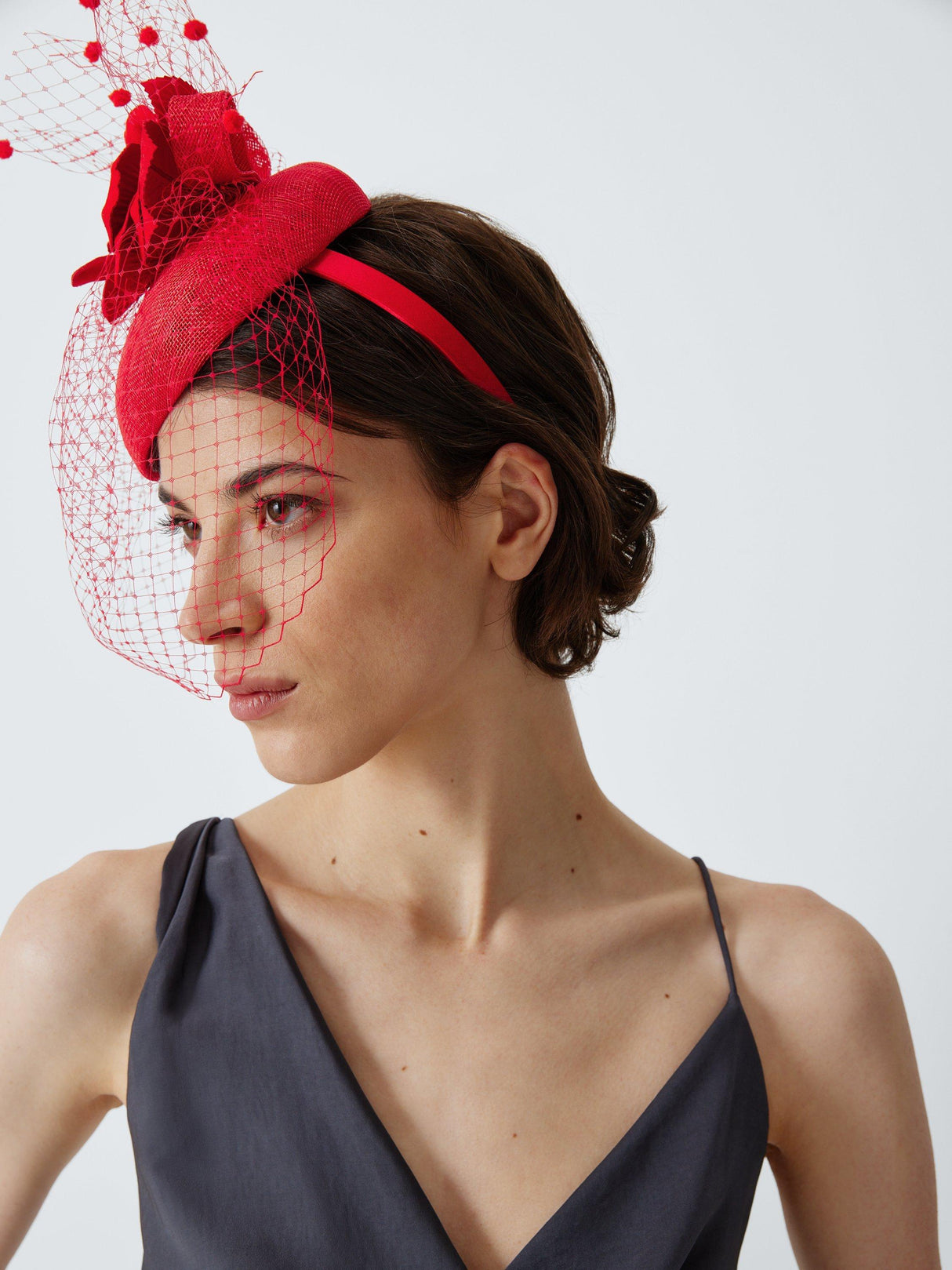 John Lewis Ambrose Wedding Race Day Abaca Beret Fascinator with Veil - Red