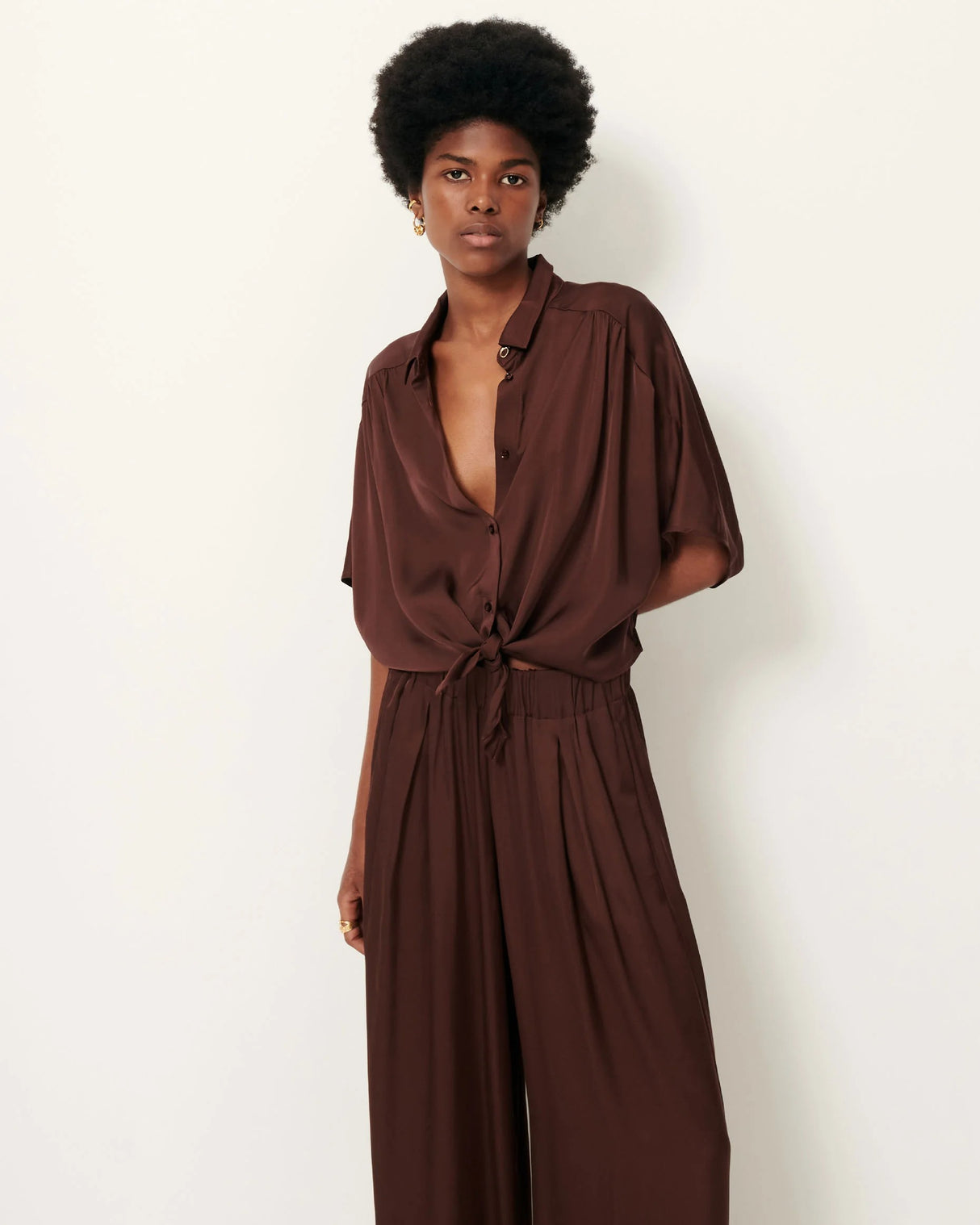 Sessun Women's Alfassa Night Tie Front Blouse Shirt - Brown/Moka - Medium