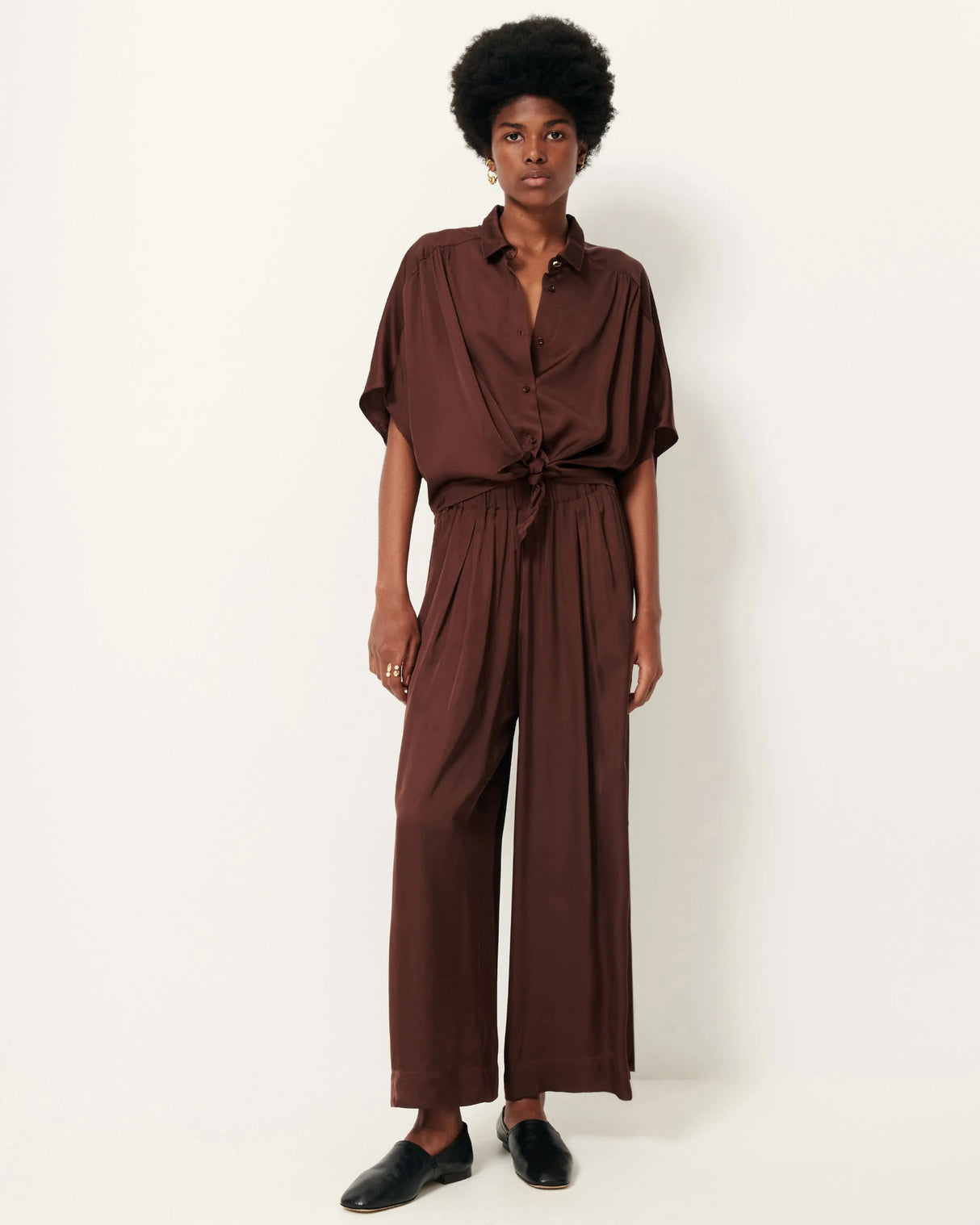 Sessun Women's Alfassa Night Tie Front Blouse Shirt - Brown/Moka - Medium