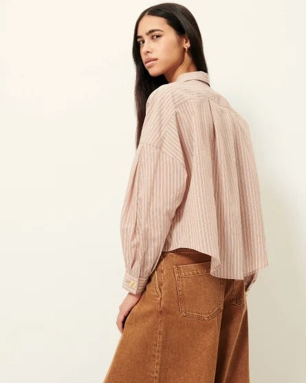 Sessun Balanca Cropped Patch Pockets Buttons Stripes Shirt - Rosasand - M