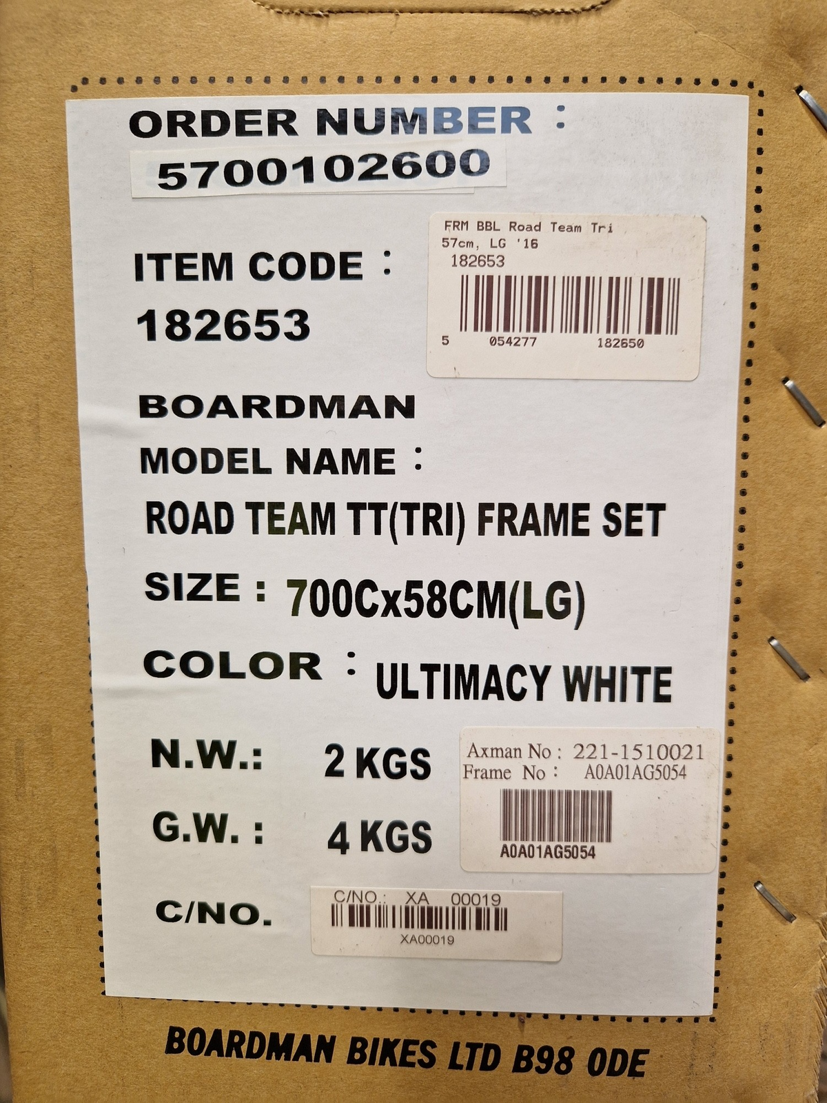 Boardman Road Team Tri 700c Triathlon Bike Frame - Ultimacy White - 58cm/ L