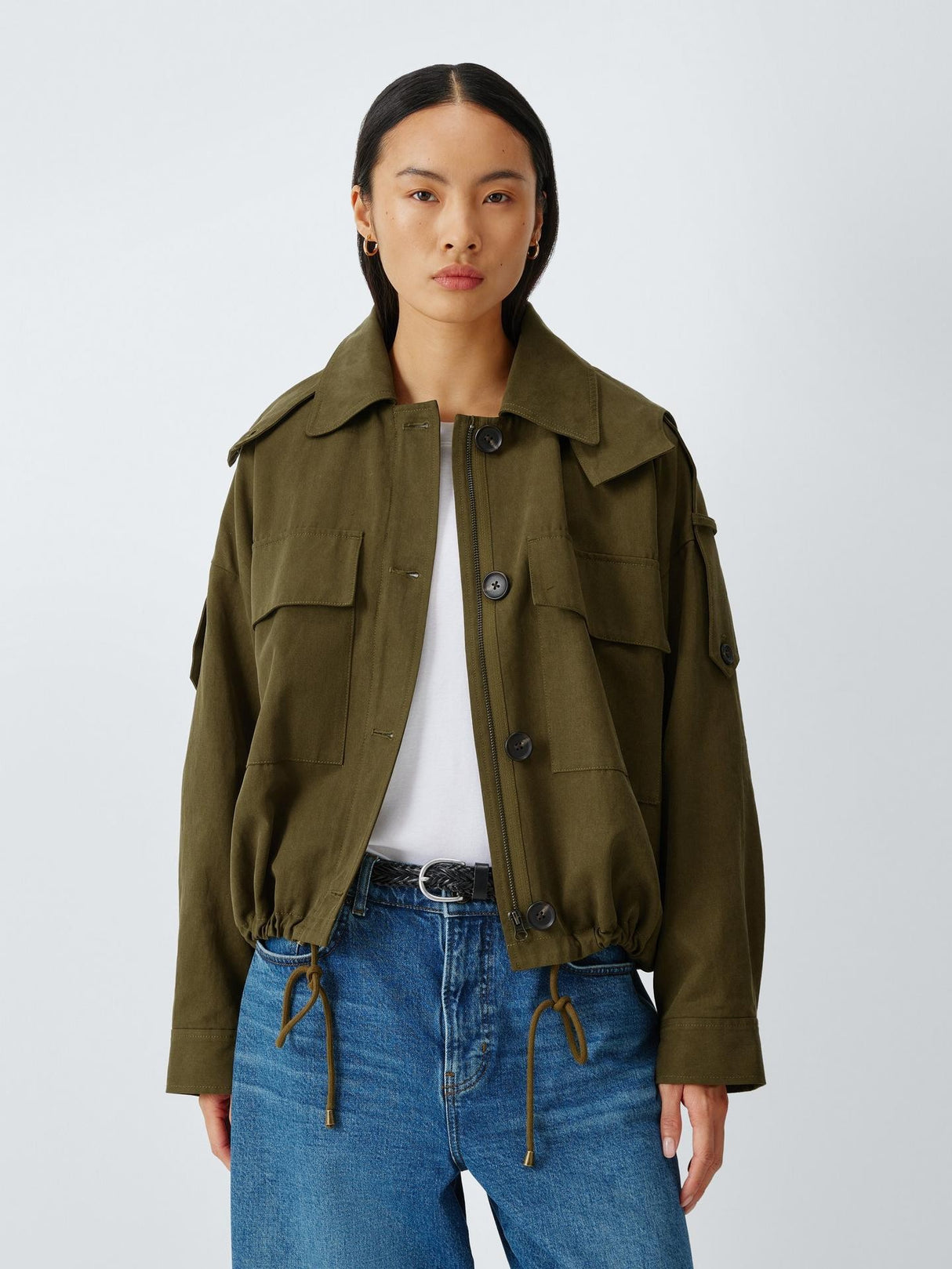 AND/OR Women's Boxy Trench Cotton Blend Short Jacket - Khaki Green - UK 10