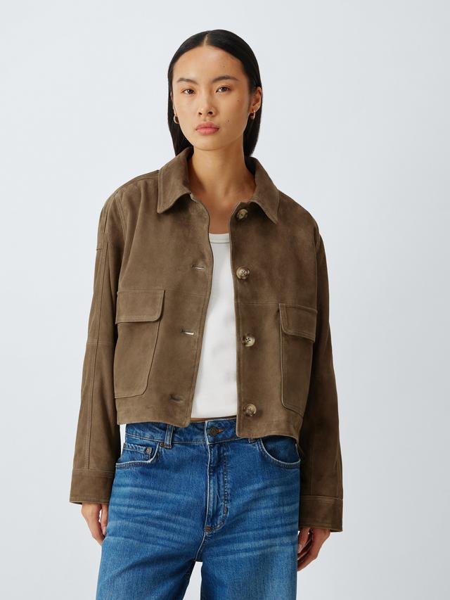 AND/OR Womens Sofia Pure Suede Boxy Short Long Sleeve Jacket - Olive - UK 16
