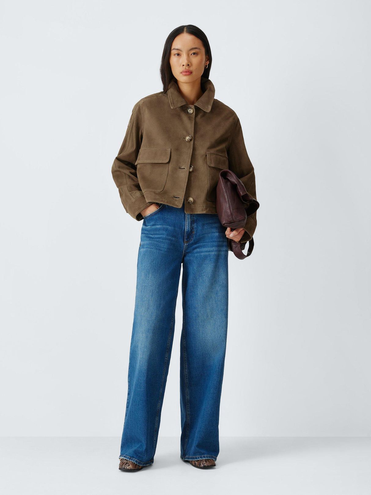 AND/OR Womens Sofia Pure Suede Boxy Short Long Sleeve Jacket - Olive - UK 16