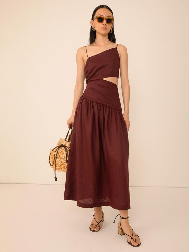 VIVERE Lore Asymmetric Sleeveless Regular Linen Midi Dress - Brown UK 14