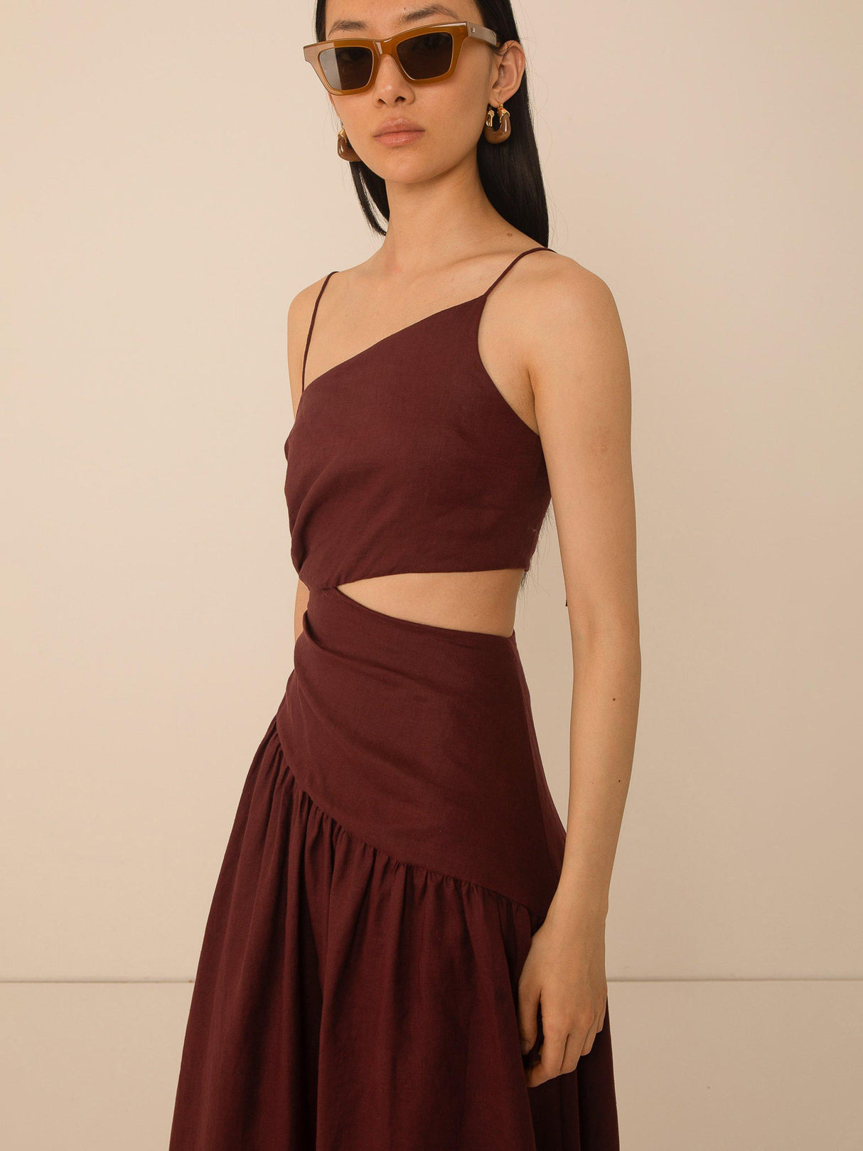 VIVERE Lore Asymmetric Sleeveless Regular Linen Midi Dress - Brown UK 14
