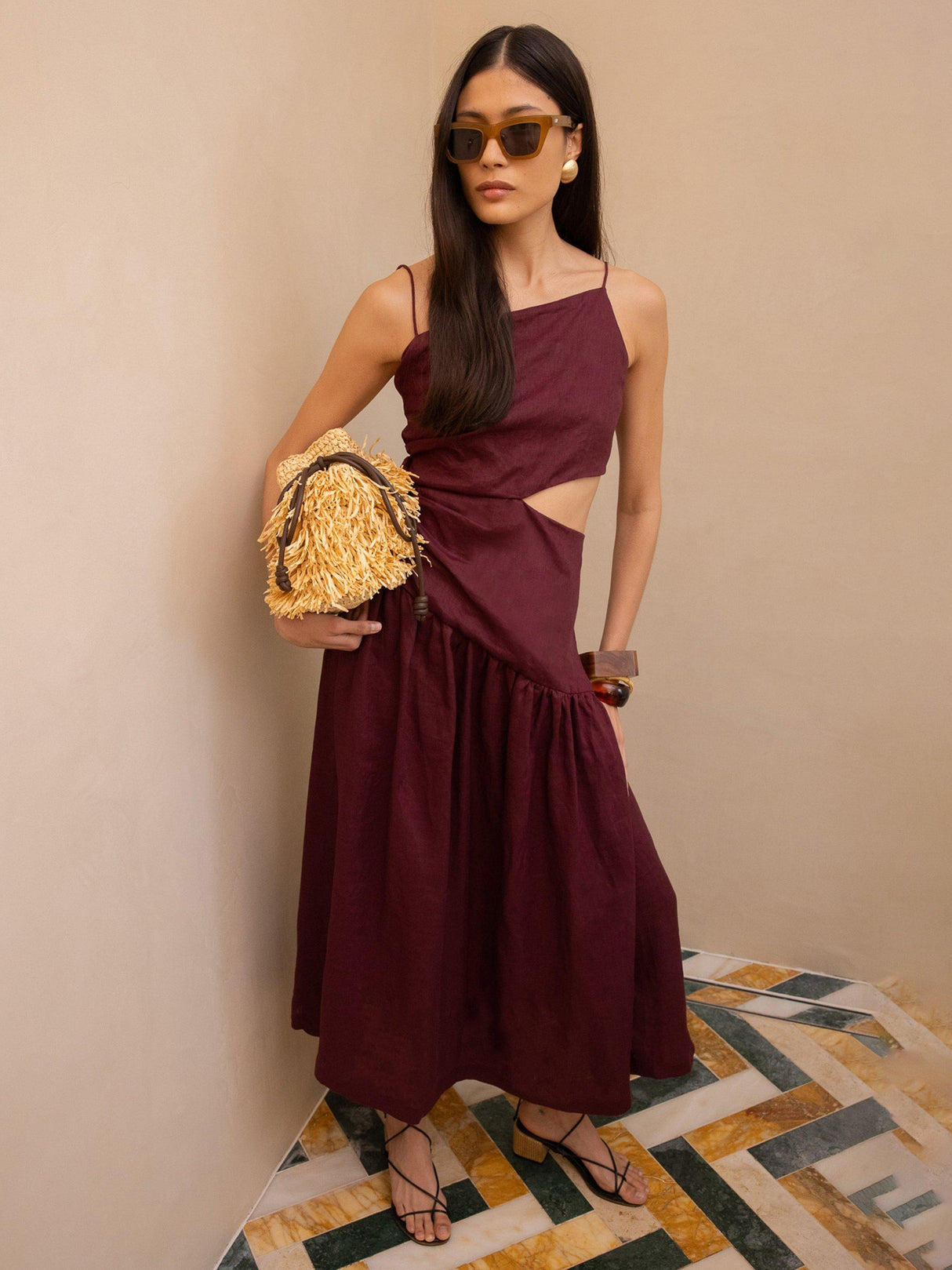 VIVERE Lore Asymmetric Sleeveless Regular Linen Midi Dress - Brown UK 14