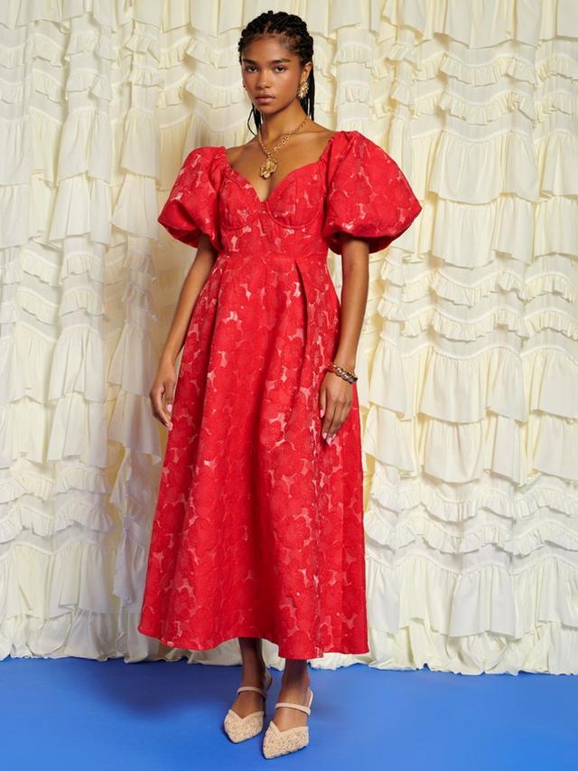 Sister Jane Maria Floral Jacquard Midium V-Neck Open Back Dress Red Size 8