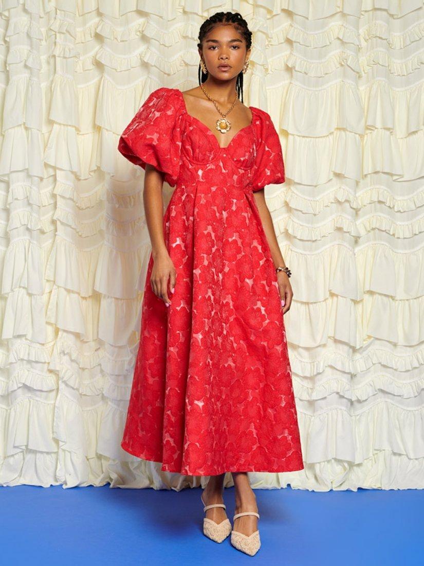 Sister Jane Maria Floral Jacquard Midium V-Neck Open Back Dress Red Size 8