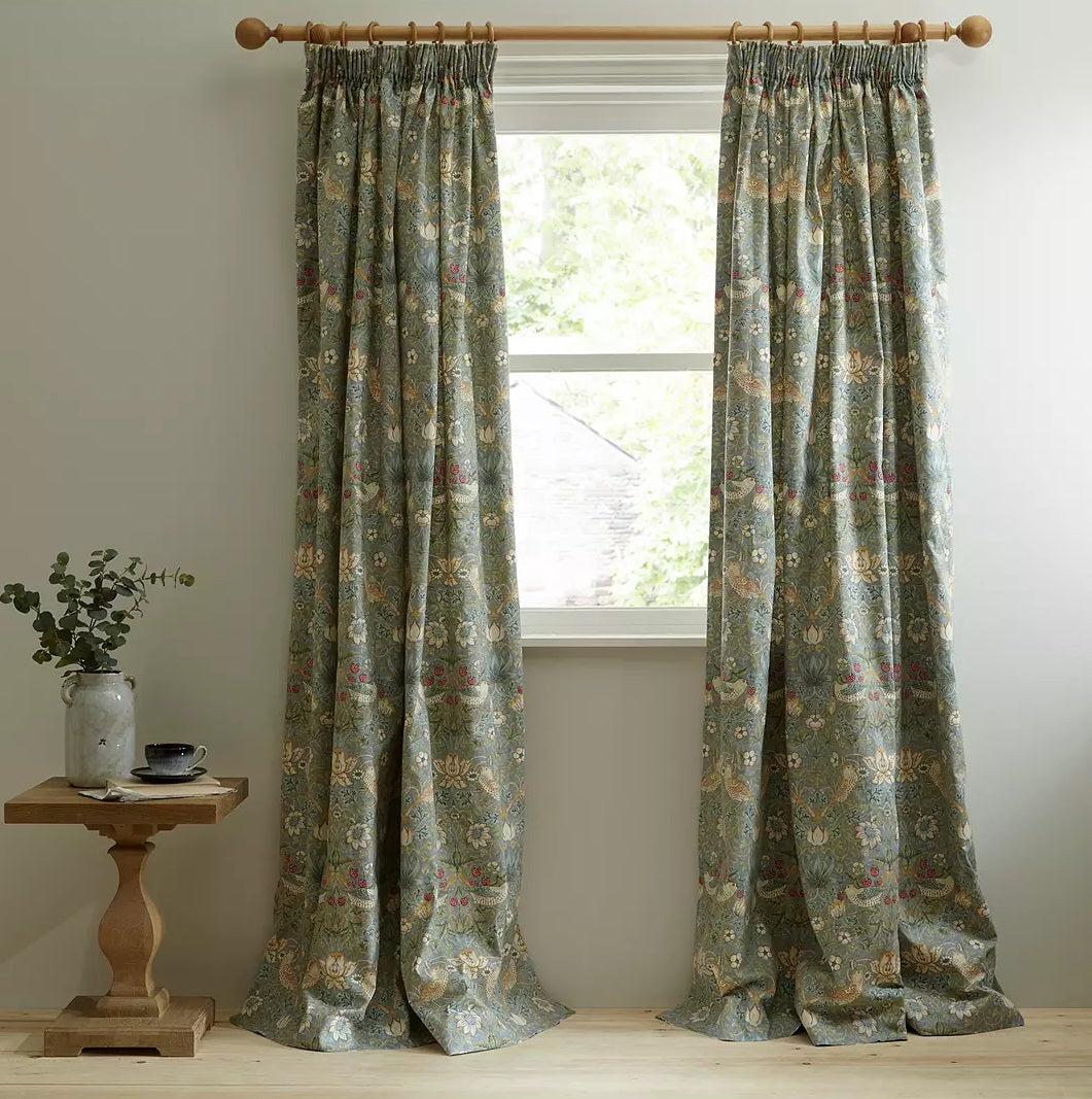Morris & Co. Strawberry Thief Lined Pencil Pleat Curtains 228x228cm Duck Egg