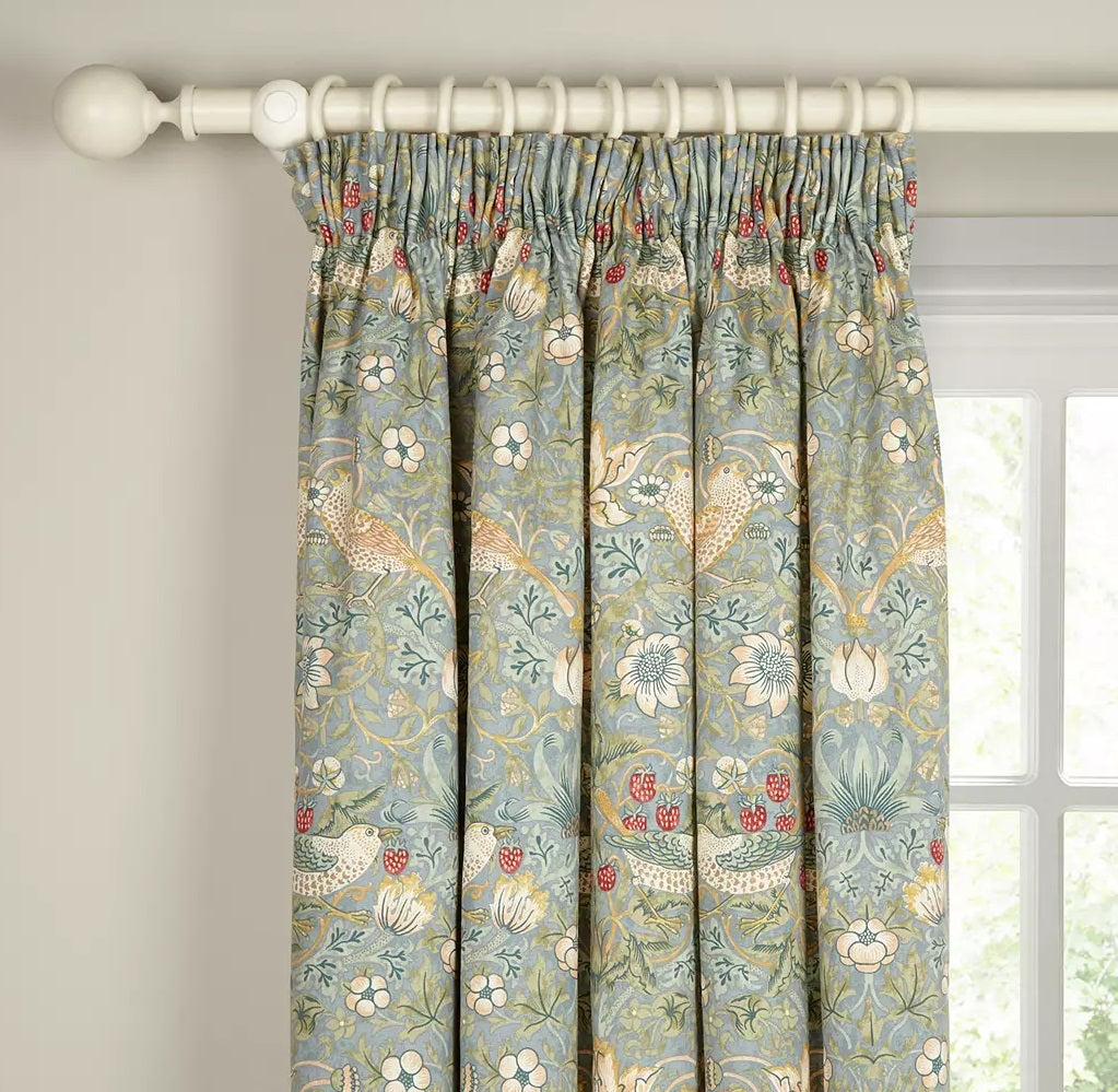 Morris & Co. Strawberry Thief Lined Pencil Pleat Curtains 228x228cm Duck Egg