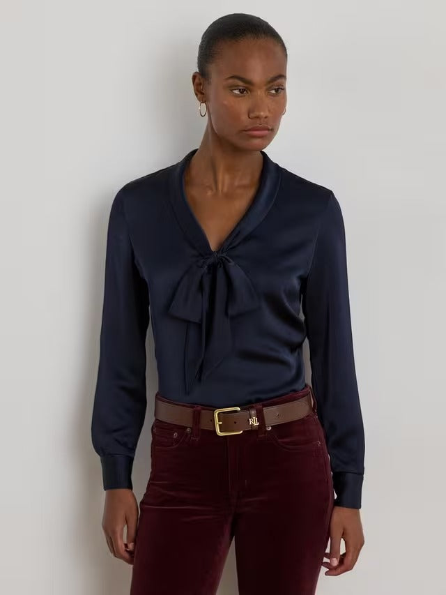 Ralph Lauren Women's Yilvray Satin Charmeuse Tie Neck Blouse - Navy - M
