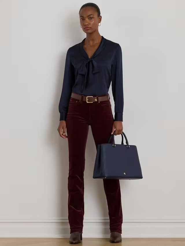 Ralph Lauren Women's Yilvray Satin Charmeuse Tie Neck Blouse - Navy - M