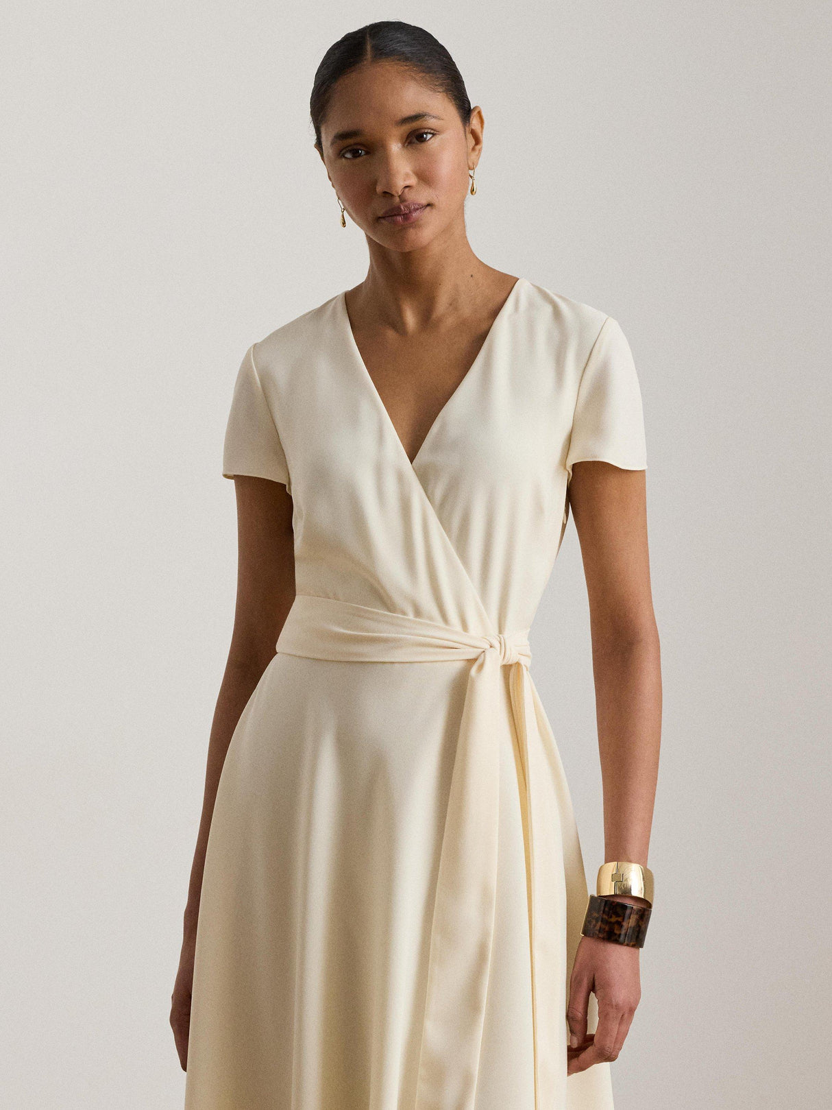 Ralph Lauren Belted Women's Wrap Tie V-Neck Midi Dress - Cream - UK Size 6