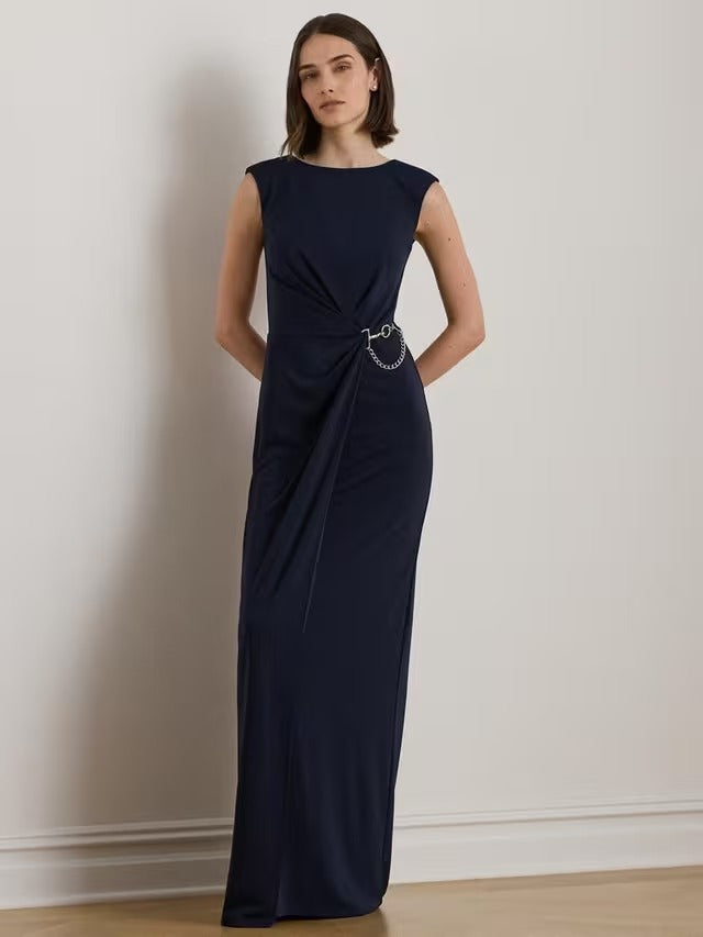 Ralph Lauren Ebrelle Chain Trim Jersey Cap Sleeve Maxi Dress - Navy - UK 6