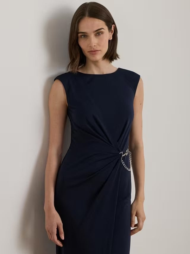 Ralph Lauren Ebrelle Chain Trim Jersey Cap Sleeve Maxi Dress - Navy - UK 6