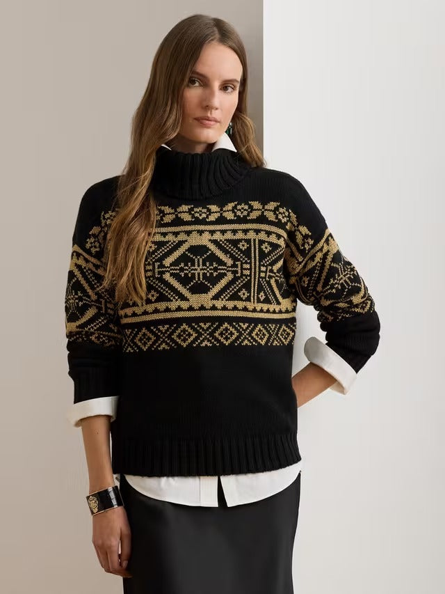 Ralph Lauren Women's Beilmey Fair Isle Wool Rich Jumper Black/Gold - Medium