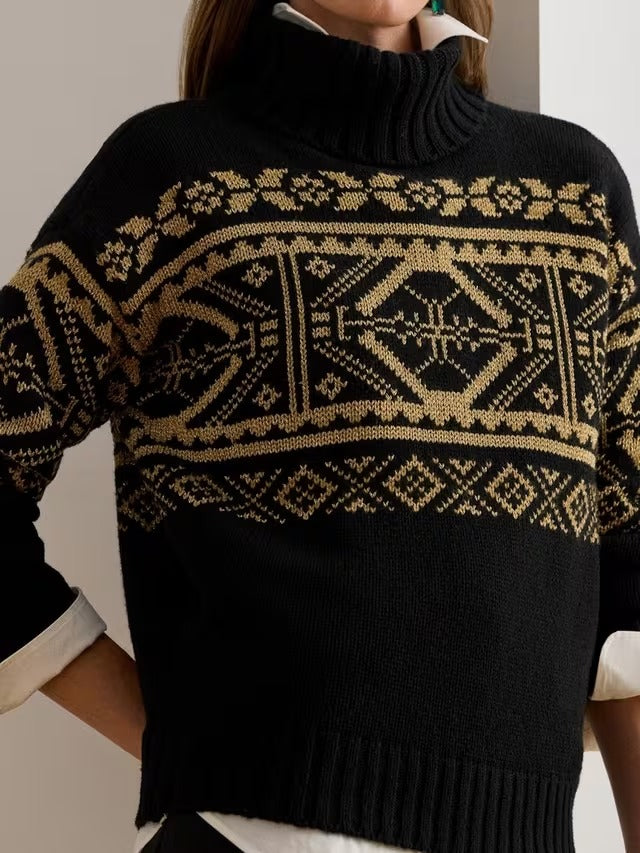 Ralph Lauren Women's Beilmey Fair Isle Wool Rich Jumper Black/Gold - Medium