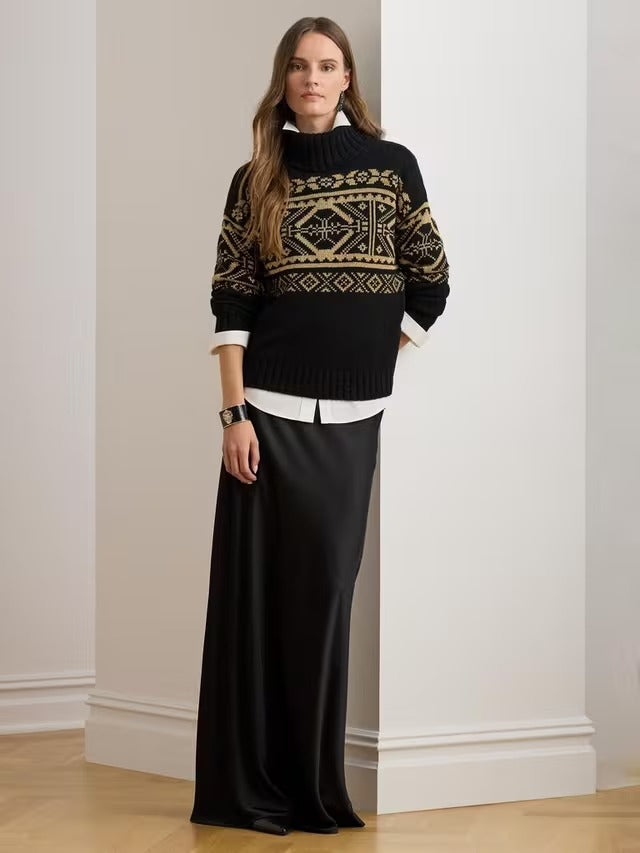 Ralph Lauren Women's Beilmey Fair Isle Wool Rich Jumper Black/Gold - Medium