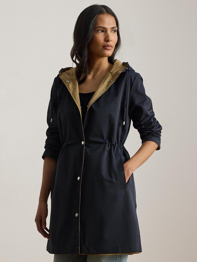 Ralph Lauren Women's Reversible Hooded Rain Coat Dark Navy/Birch Tan - Small