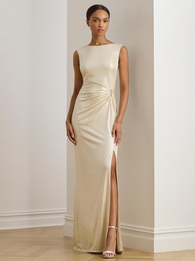 Ralph Lauren Ilianne Buckle-Trim Metallic Maxi Dress - Champagne - UK 12