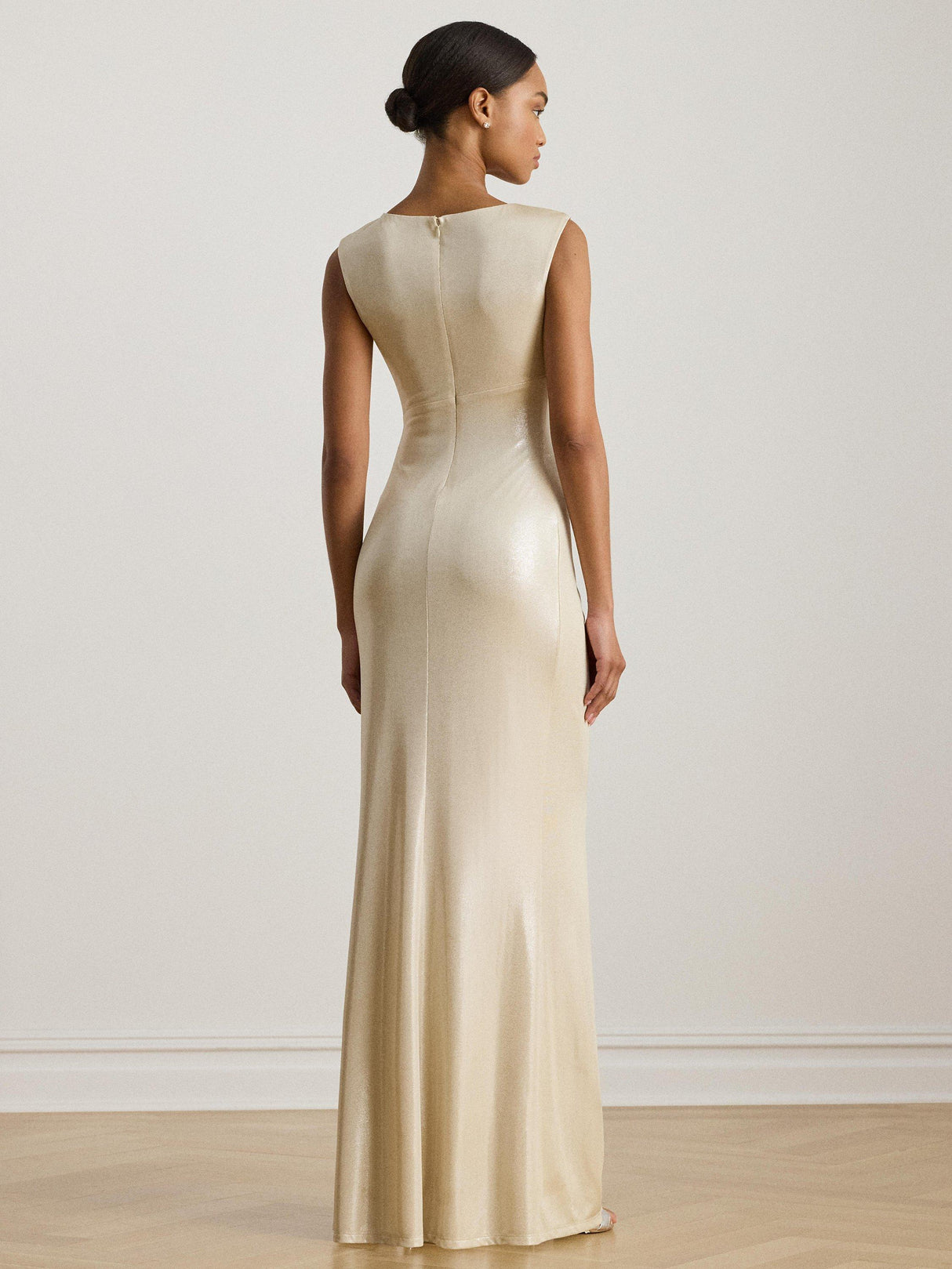Ralph Lauren Ilianne Buckle-Trim Metallic Maxi Dress - Champagne - UK 12