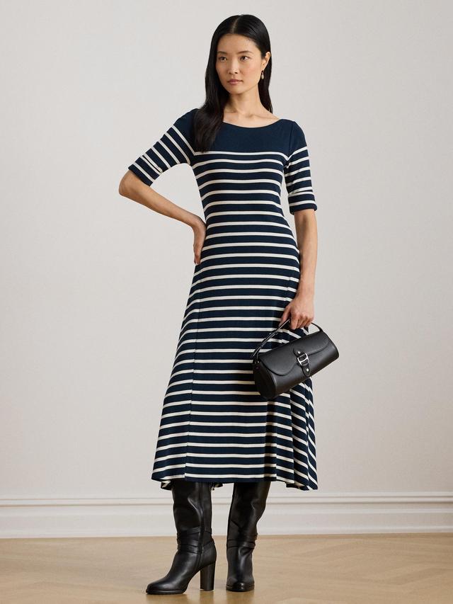 Ralph Lauren Women's Munzie Day Cotton Flare Midi Dress Navy/Cream Size XXL
