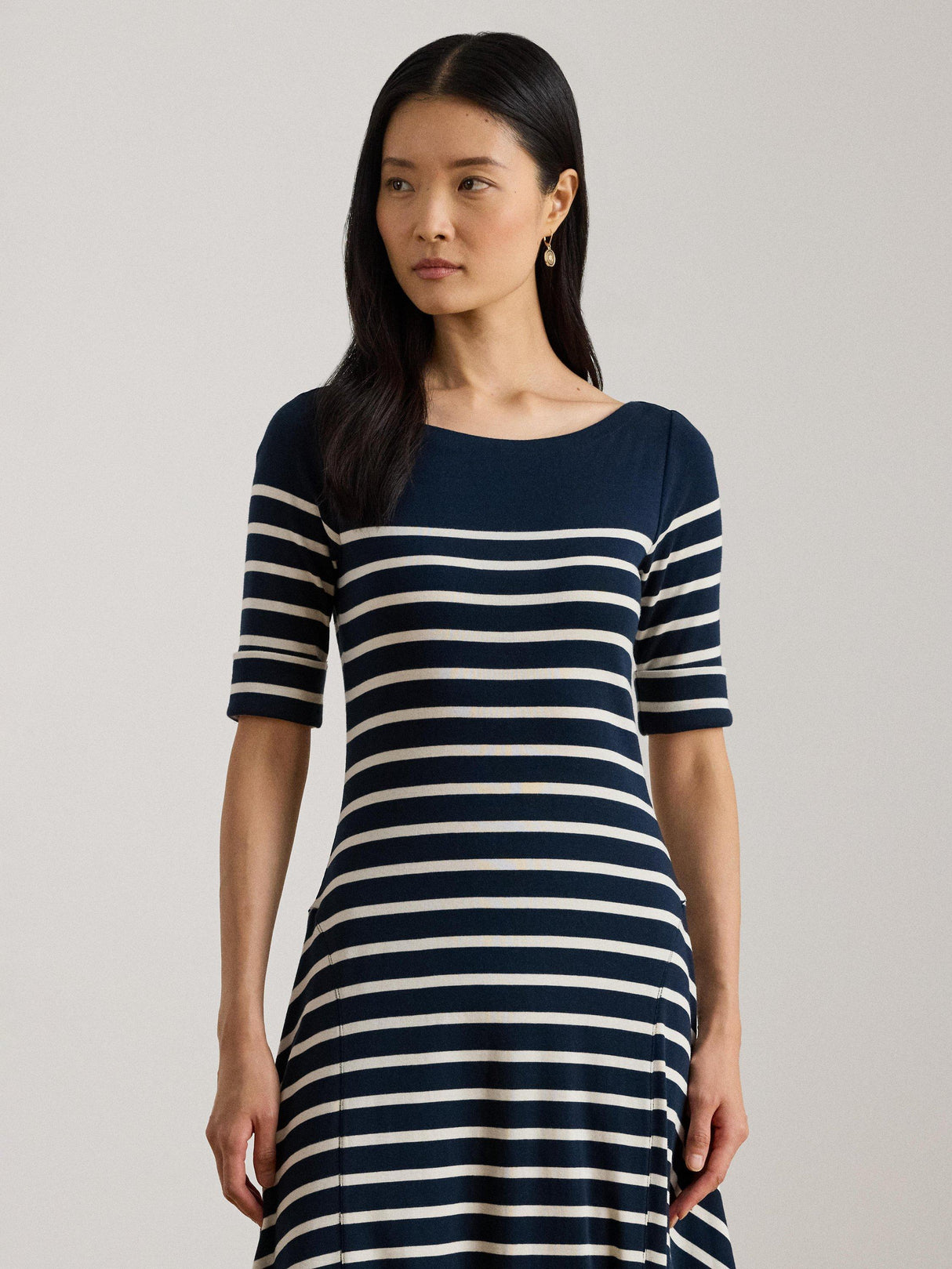 Ralph Lauren Women's Munzie Day Cotton Flare Midi Dress Navy/Cream Size XXL