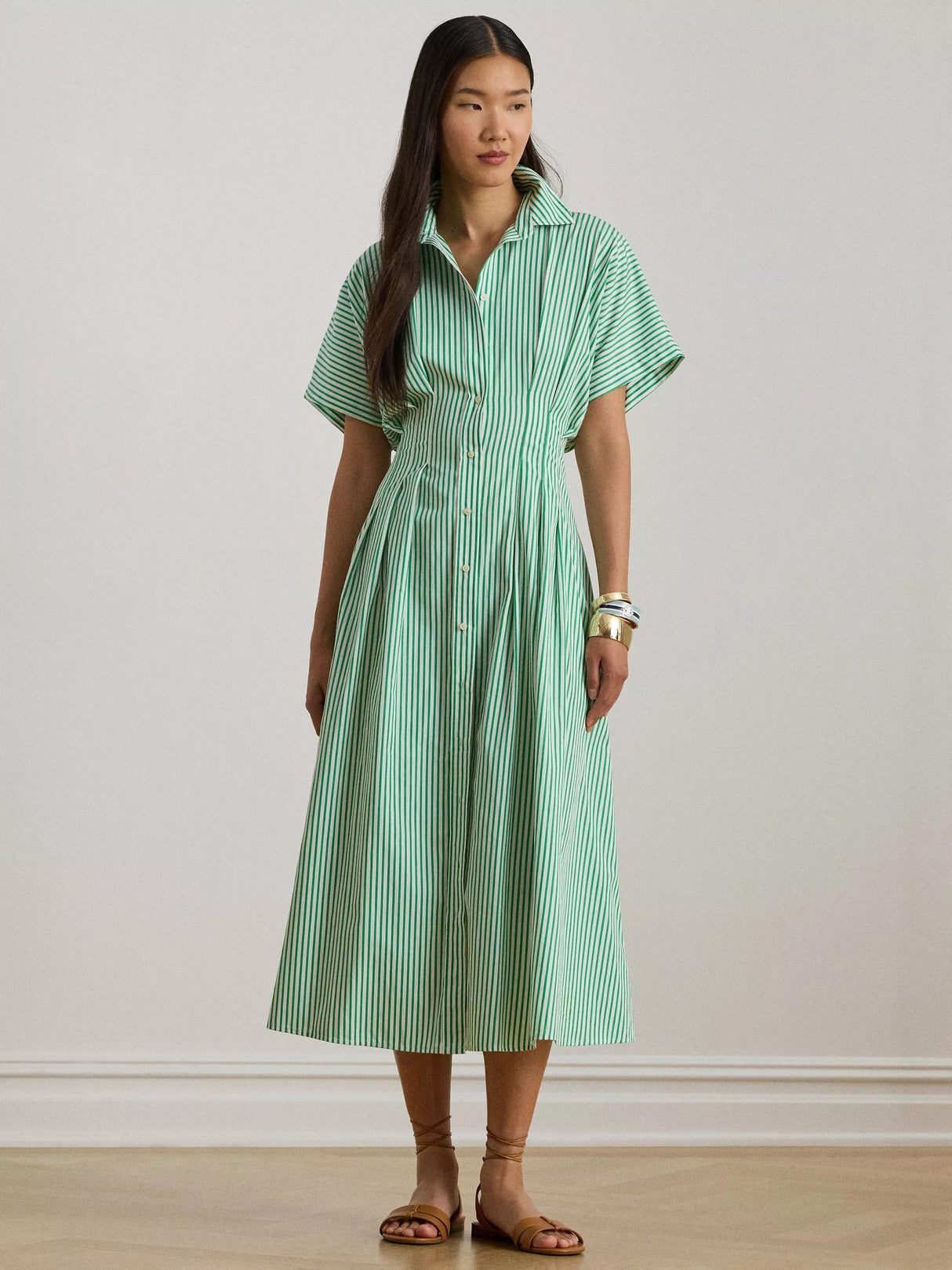 Ralph Lauren Rushanie Day Cotton Flared Midi Dress - Green/White - UK 12