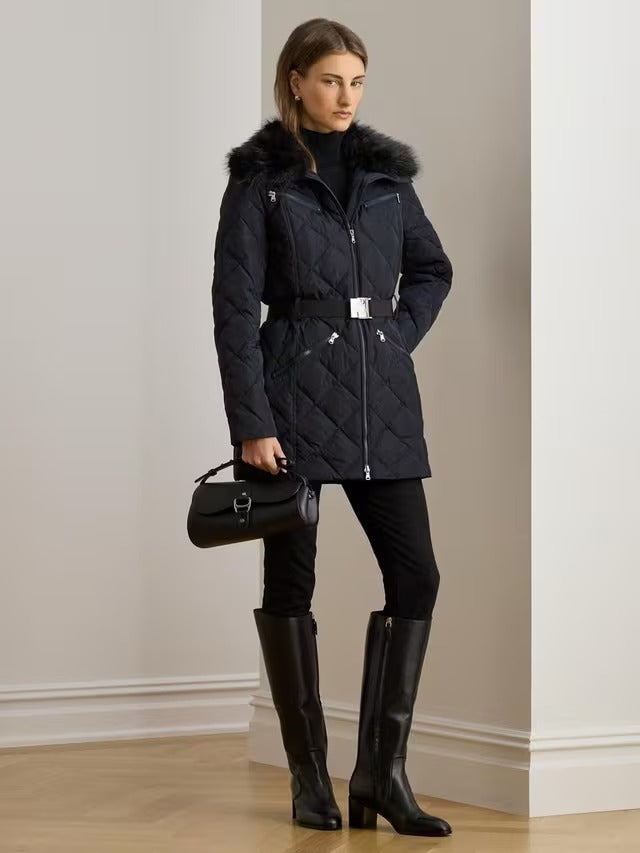 Ralph Lauren Women's Faux Fur Trim Diamond Quilted Down Coat - Navy - M