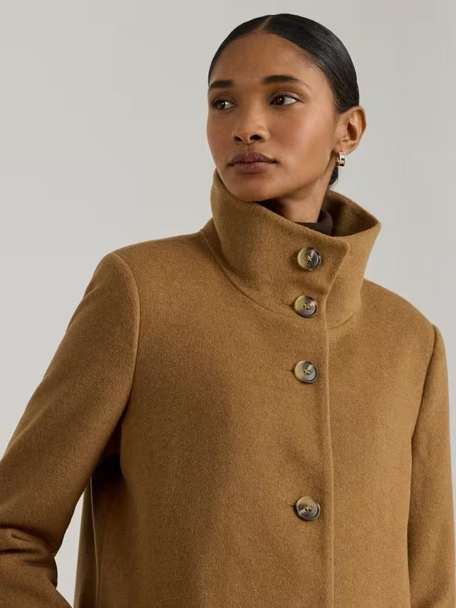 Ralph Lauren Women's Wool Rich Funnel Neck Plain Coat Jacket Camel - Size 18