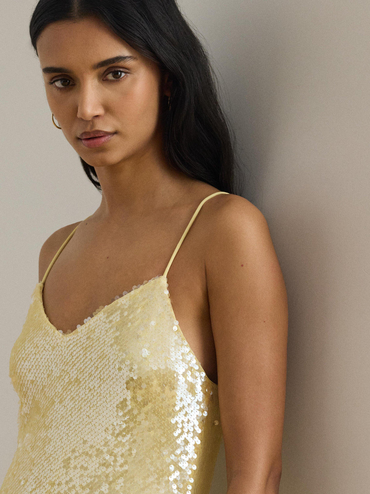 Ralph Lauren Sequin Strappy Woven Slip Women's Midi Dress UK10 Pastel Yellow