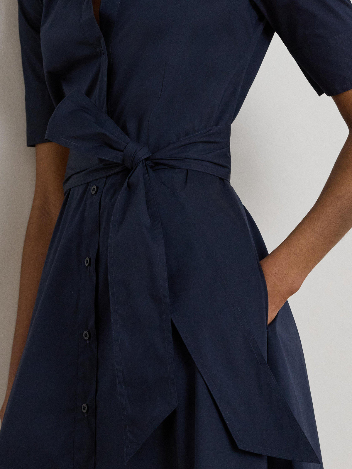 Lauren Ralph Lauren Cotton Blend Belted Shirt Midi Dress UK 14 - Lauren Navy