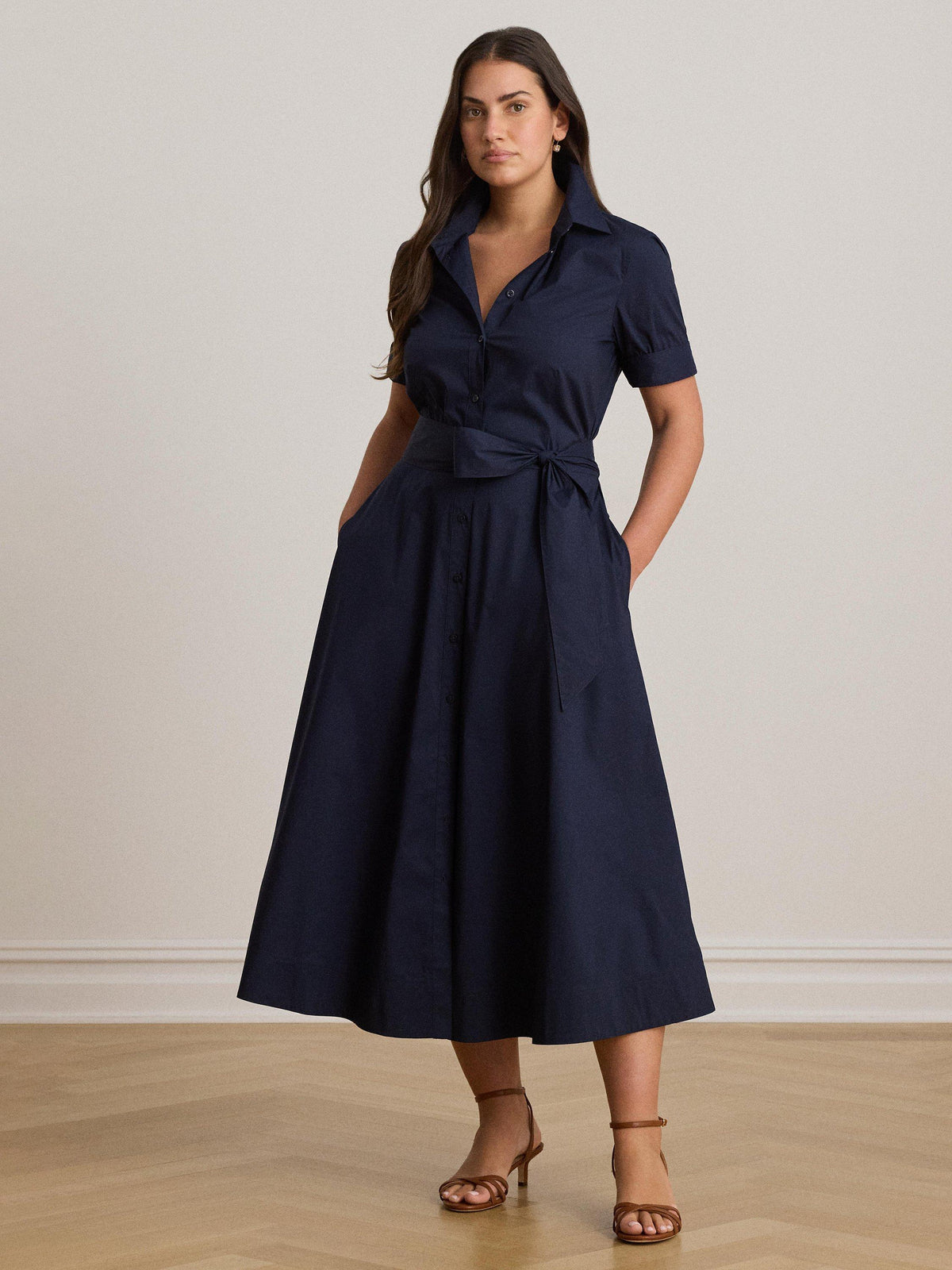 Lauren Ralph Lauren Cotton Blend Belted Shirt Midi Dress UK 14 - Lauren Navy