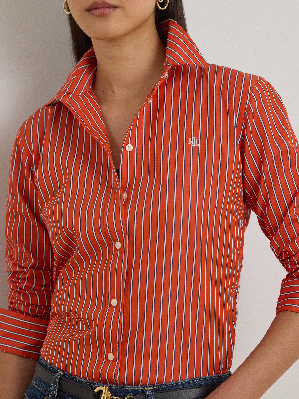 Ralph Lauren Jamelko Classic Fit Stripe Broadcloth Shirt - Orange/Blue - XS