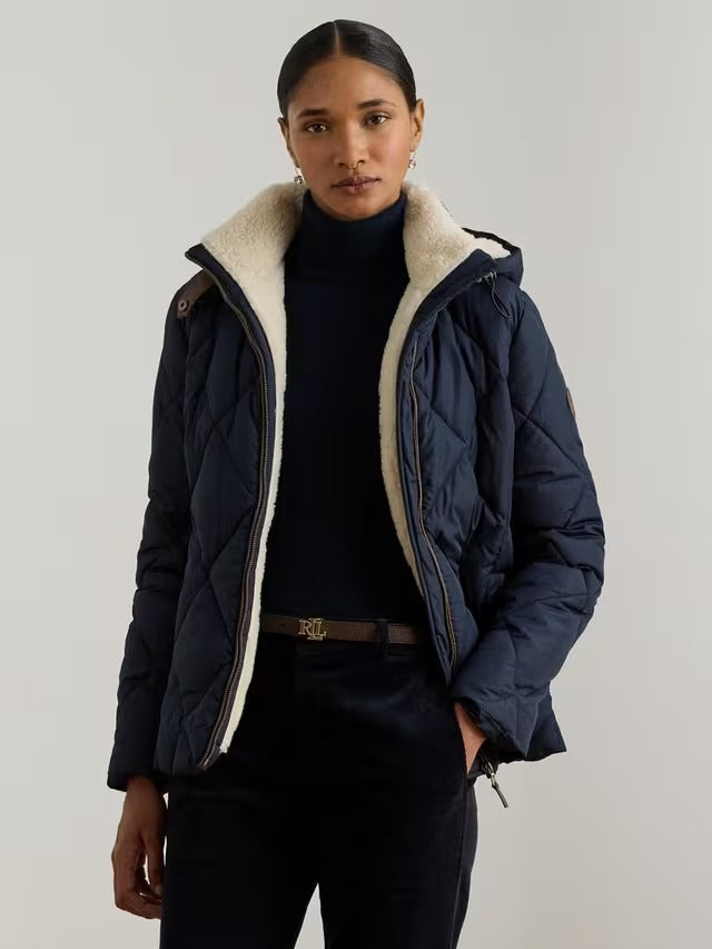 Ralph Lauren Women's Faux Leather Trim Diamond Quilted Jacket - Navy - Large