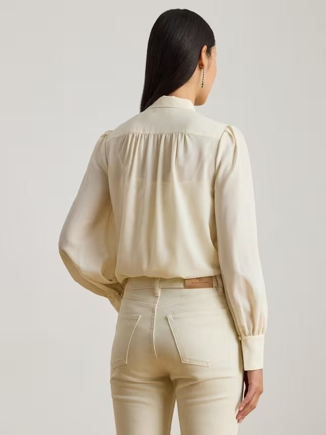 Ralph Lauren Klaryce Womens Georgette Tie Neck Blouse - Mascarpone Cream - M