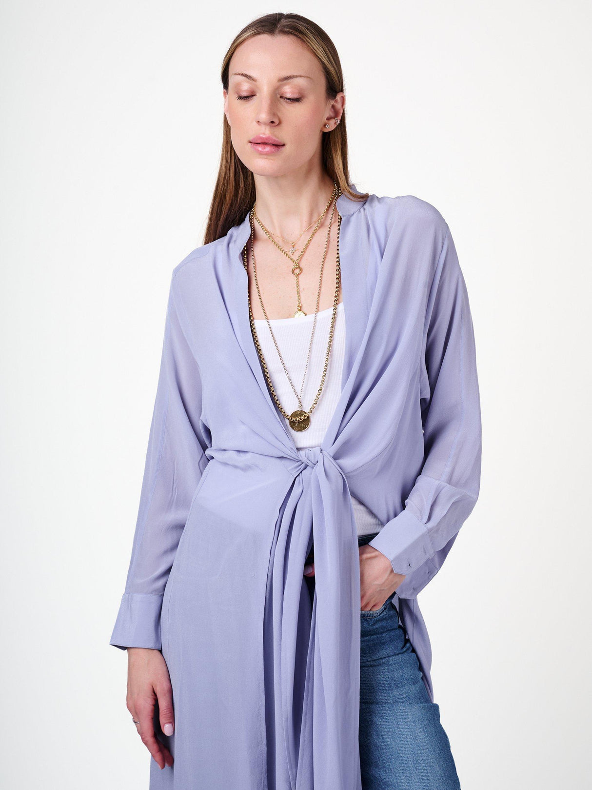 Amanda Wakeley Sophia Pure Silk Semi Sheer Long Shirt - Cornflower - Large