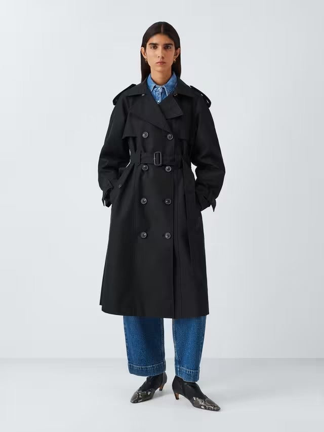 John Lewis Women's Water Repellent Belted Button Trench Coat - Black - UK 12