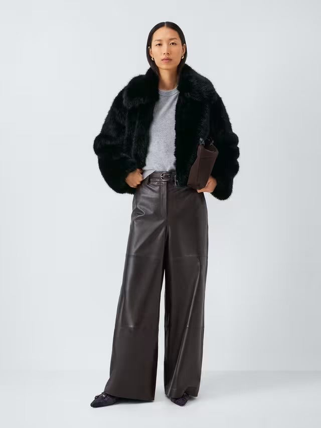 John Lewis Women's Short Cropped Faux Fur Winter Coat Jacket - Black - L