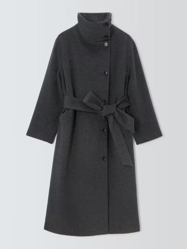 John Lewis Women's Funnel Neck Wool Rich Wrap Long Coat - Charcoal - UK 18