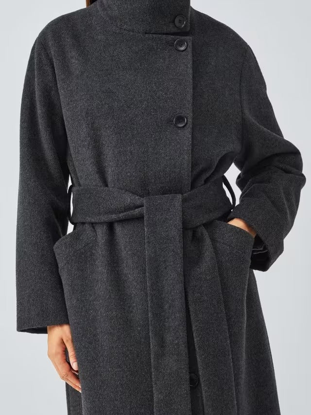 John Lewis Women's Funnel Neck Wool Rich Wrap Long Coat - Charcoal - UK 18