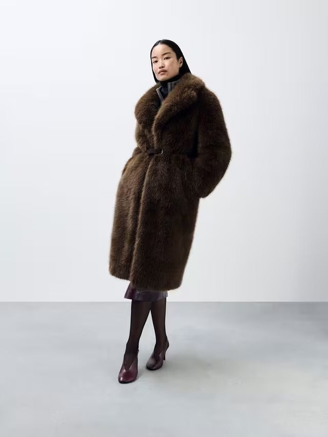 John Lewis Women's Long Faux Fur Fluffy Long Sleeve Coat - Brown - Medium