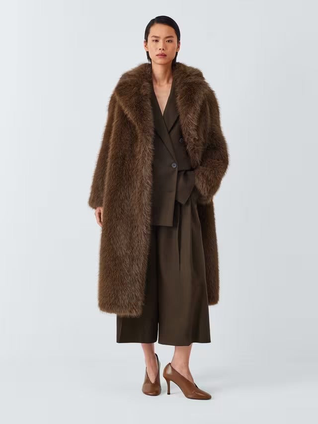John Lewis Women's Long Faux Fur Fluffy Long Sleeve Coat - Brown - Medium
