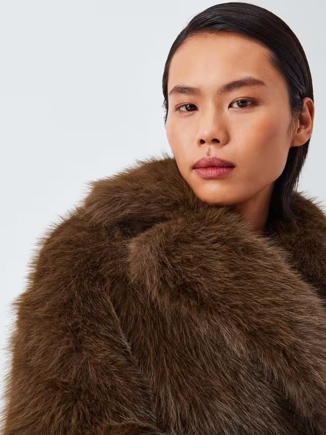 John Lewis Women's Long Faux Fur Fluffy Long Sleeve Coat - Brown - Medium