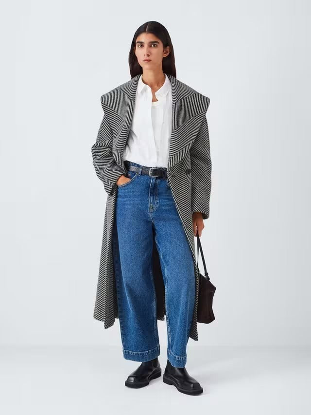 John Lewis Women's Mono Stripe Wool Blend Belted Coat - Black/White - UK 10