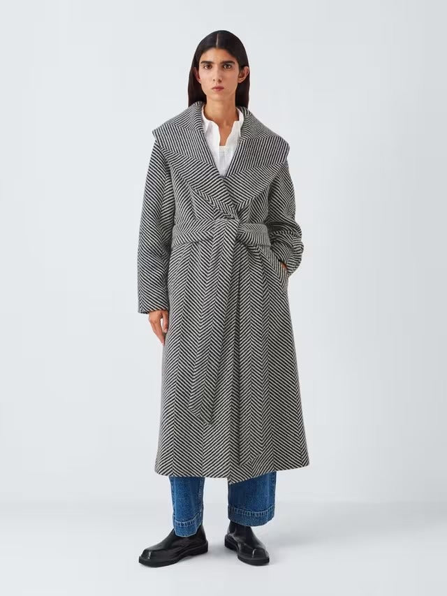 John Lewis Women's Mono Stripe Wool Blend Belted Coat - Black/White - UK 10
