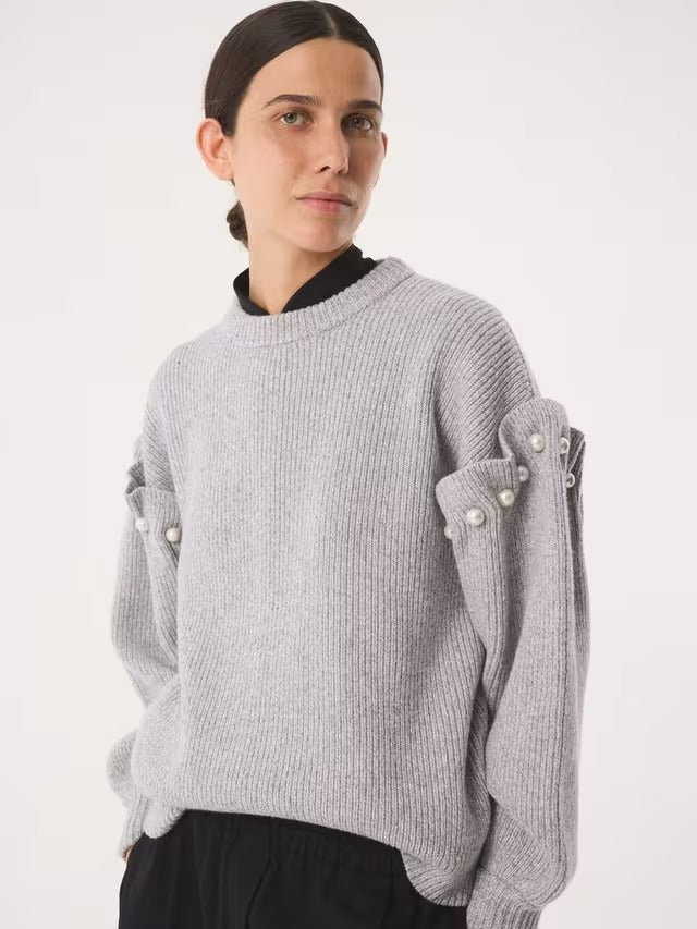 AKYN Yuki Women's Faux Pearl Trim Wool Rich Jumper - Grey Marl - Medium