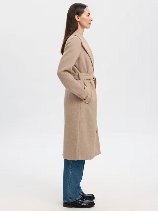 Selected Women's Rosa Wool Blend Long Sleeve Tie Overcoat - Sand - Size 42