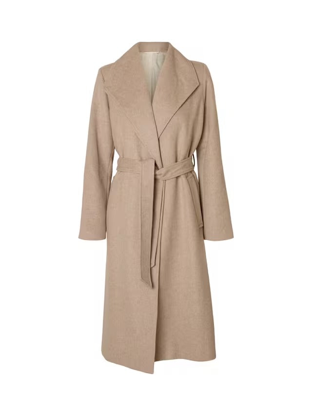 Selected Women's Rosa Wool Blend Long Sleeve Tie Overcoat - Sand - Size 42
